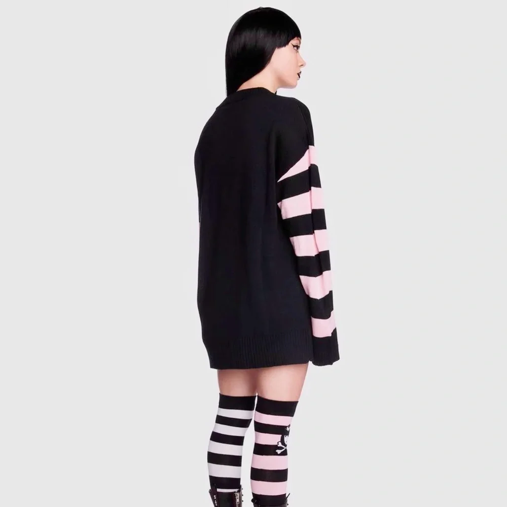 Dolls Kill Emily The Strange Brooding Besties Stripe Knit Sweater Pink Black Cat - Picture 3 of 8